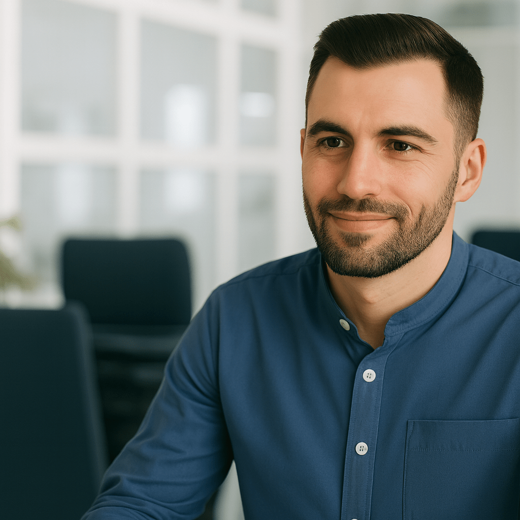 Male call centre worker wearing a headset while taking a call.